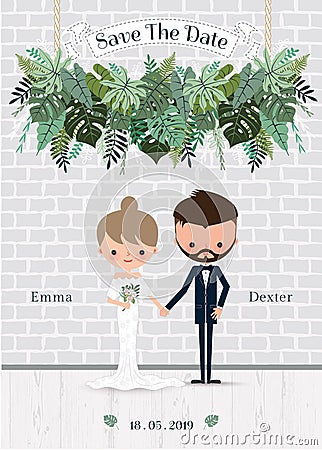 Green wedding cartoon bride and groom invitation card Vector Illustration