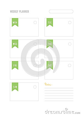 Green weekly planner with notes. Printable template. Vector illustration, flat design Vector Illustration