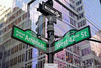 Green West 42nd Street and Avenue of the Americas 6th Bryant Park traditional sign in Midtown Manhattan Stock Photo