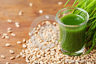 Green wheat grass juice. Organic and dietary morning drink. Superfood concept. Stock Photo