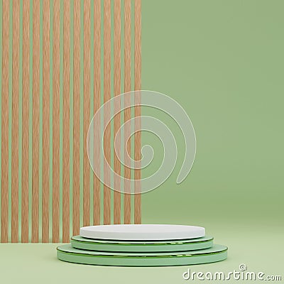 green and white cylinder pedestal podium with brown battens backdrop. abstract pastel green color. 3d rendering Stock Photo