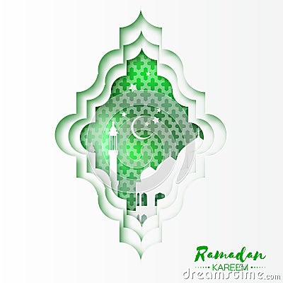 Green White Origami Mosque Window Ramadan Kareem Greeting card Vector Illustration