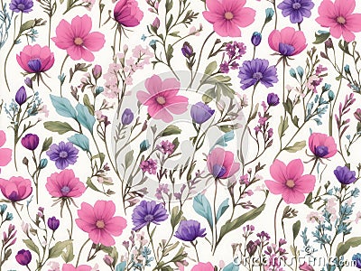 Green, White, and purple wildflower patterns. AI-Generated. Stock Photo