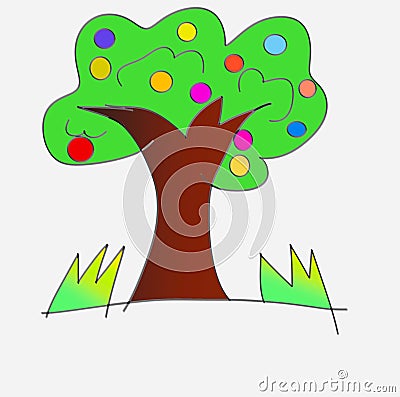 Green, and white tree drawing on a white background Stock Photo