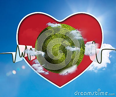 Green and white waveform with green earth and red heart Stock Photo