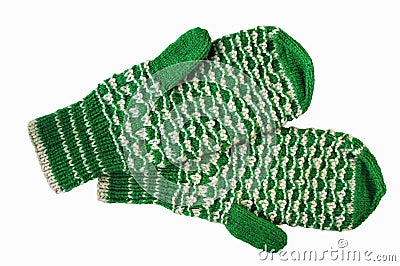 Green and white woolen mittens Stock Photo