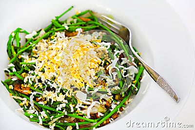 Green wild pencil asparagus with grated egg, salad Stock Photo