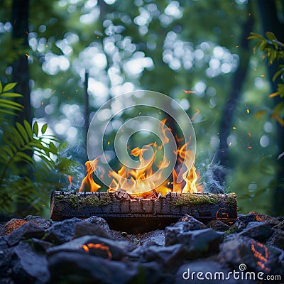Green wilderness setting Campfire crackles amid lush foliage Stock Photo