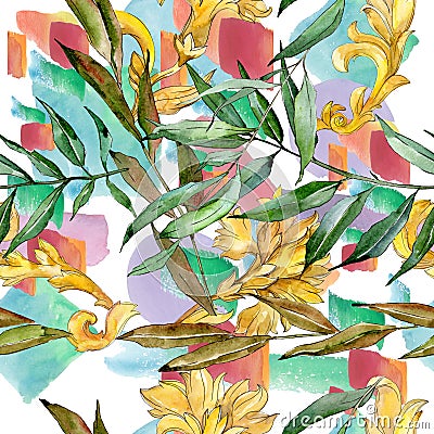 Green willow branches. Watercolor background illustration set. Seamless background pattern. Cartoon Illustration