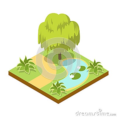 Green willow tree near lake isometric 3D icon Cartoon Illustration