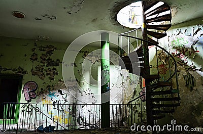 Green winding staircase Stock Photo