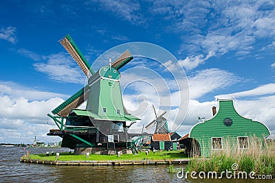 Green Windmill at Dutch Zaanse Schans Stock Photo