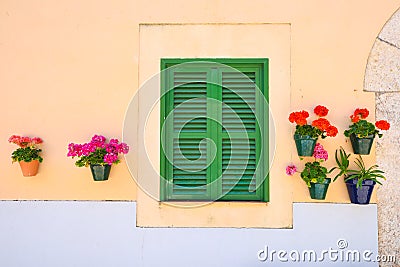 Green window with flowers Stock Photo