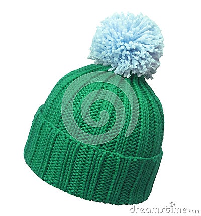 Green winter wool cap with light blue pom poms, isolated on white Stock Photo