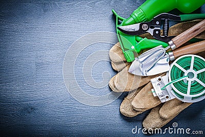 Green wire glove fork spade secateurs sprayer Stock Photo