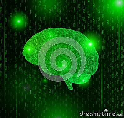 Green wireframe brain with binary numeral text BG Vector Illustration