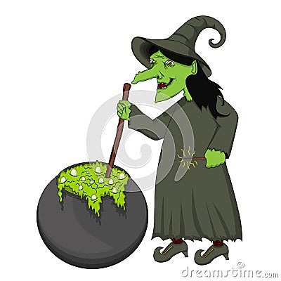 Green Witch cooking cartoon Vector Illustration