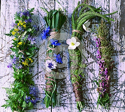 Green witch herbal scrolls on wooden planks Stock Photo