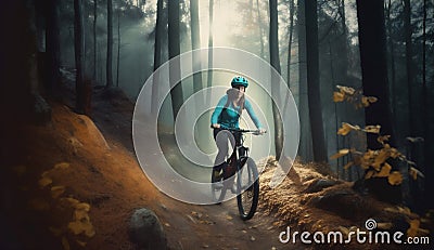 cycling woman forest walking bicycle sport sunset active summer dark bike. Generative AI. Stock Photo