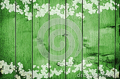 Green wooden background Print of Clovers Stock Photo