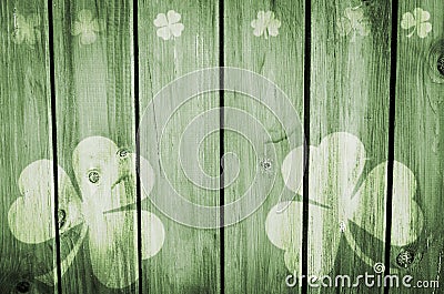 Green wooden background Print of Clovers Stock Photo