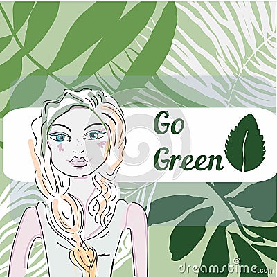 Green world in dream of pretty girl- grass background, vector illustration Cartoon Illustration