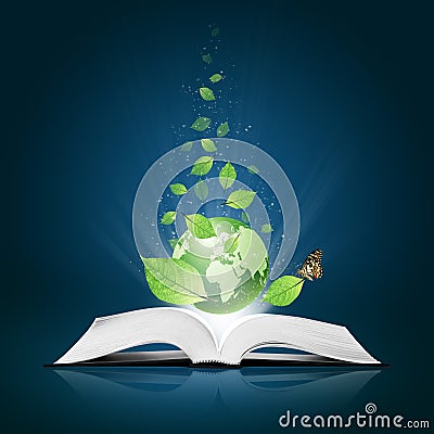 Green world and leaf have butterfly on book Stock Photo