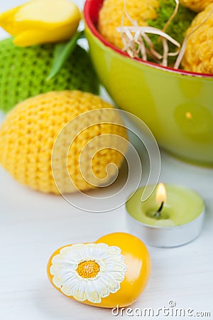 Green yellow crocheted easter eggs Stock Photo