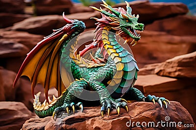 Green-yellow dragon sitting on the rocks. Chinese New Year greeting card Stock Photo
