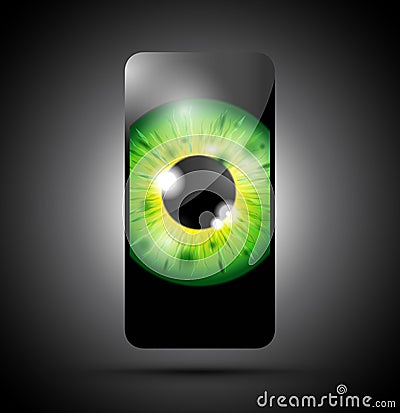 Realistic green eyeball on a cell mobile phone Vector Illustration