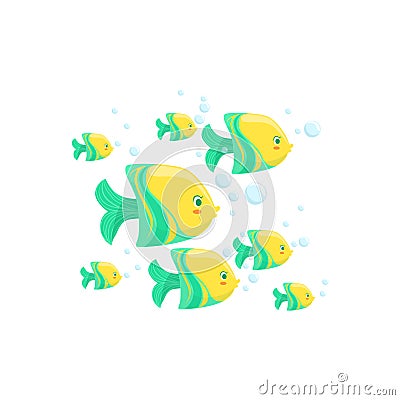 Green And Yellow Fantastic Tropical Fish School Set Of Marine Animals Vector Illustration