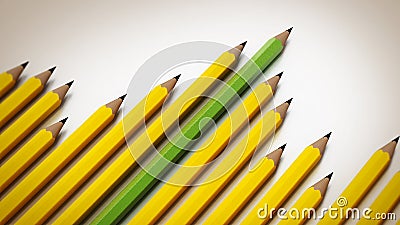 Green and yellow pencils arranged like a sales graph. 3D illustration Cartoon Illustration