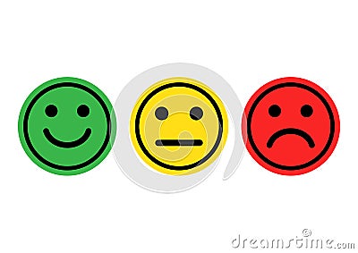 Green, yellow, red smileys emoticons icon positive, neutral and negative. Vector Cartoon Illustration