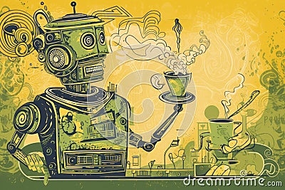green and yellow retro poster with hand-drawn robot smoking hookah Stock Photo