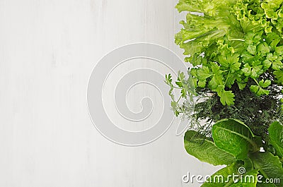 Green young salad leaves as frame on white wood board, top view. Stock Photo