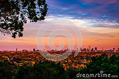 Greenbelt Austin City Skyline Golden Hour Vivid Colors Stock Photo