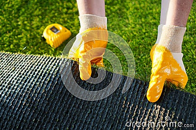 Greenering with the green artificial grass background. Stock Photo