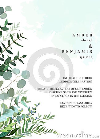 Greenery botanical wedding invitation. Watercolor style splash Vector Illustration