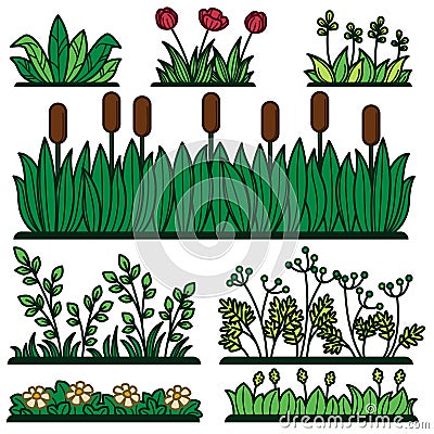 Greenery green grass flower plants and decorative verdure vector flat isolated icons Vector Illustration