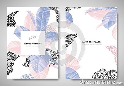 Greenery greeting/invitation card template design, Ficus Elastica leaves with hand drawn doodle graphics on white background, pink Vector Illustration