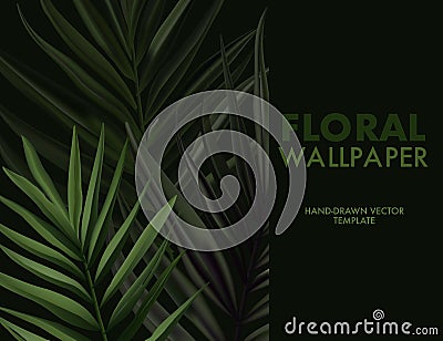 Greenery palm tree summer leaf on dark background. Natural vector beach design, coconut leaves floral art. Hand-drawn vector Vector Illustration