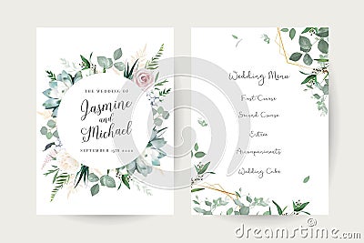 Greenery, pink rose flowers, echeveria succulent vector design invitation frames Vector Illustration