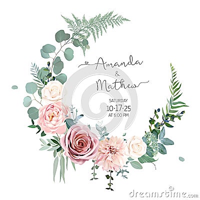 Greenery, pink and white peony, rose flowers vector design round invitation frame Vector Illustration