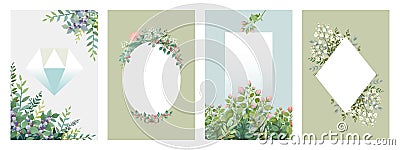 Greenery posters. Trendy floral frames, borders of green leaves and branches, blank wedding cards. Vector invitation Vector Illustration