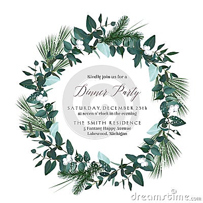 Greenery round wreath with eucalyptus, mistletoe, emerald spruce, pine Vector Illustration