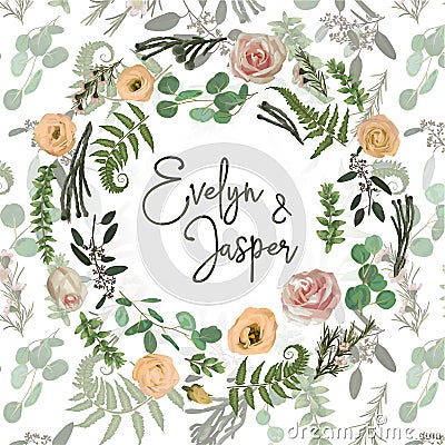 Greenery selection vector design round invitation frame. Flowers, eustoma cream, brunia, green fern, eucalyptus, branches. Vector Illustration