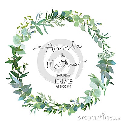 Greenery selection vector design round invitation frame Vector Illustration