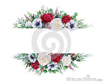Red and white rose, branches frame border on white background. Beautiful template for invite or greeting card, banner. All element Vector Illustration