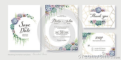 Greenery, succulent and branches Wedding Invitation card, save the date, thank you, rsvp template design. Vector Vector Illustration