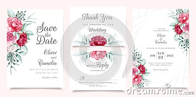 Greenery wedding invitation card template set with floral decoration. Botanic flowers save the date, invitation, greeting, respond Vector Illustration